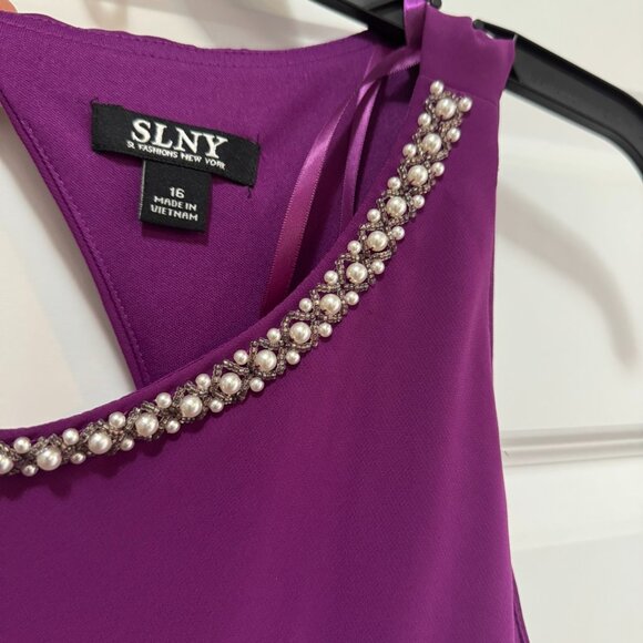SLNY Purple Chiffon Layered Dress with Beaded Neckline – Size 16 - Picture 2 of 7